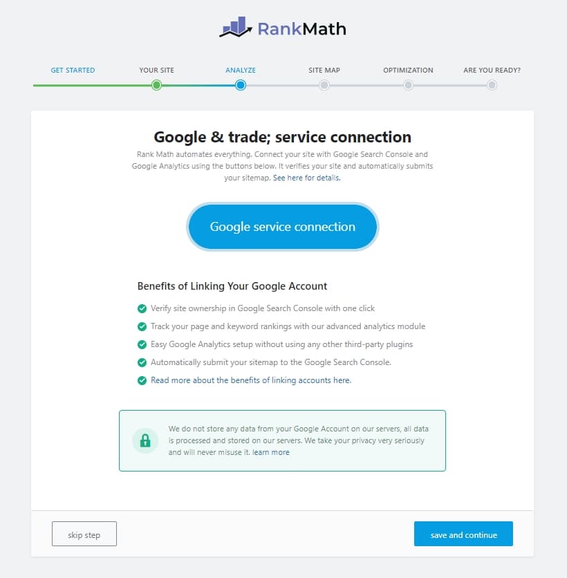 Rank Math 사용법(2025년) 17 Rank Math Google & trade; service connection