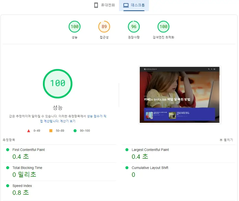 벌쳐 웹 호스팅 리뷰(2024년) 22 Pagespeed Insights Desktop