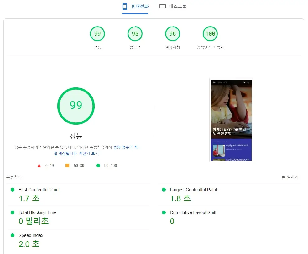 벌쳐 웹 호스팅 리뷰(2024년) 21 Pagespeed Insights Mobile